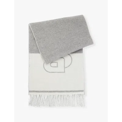 Hugo Boss Womens Medium Grey Branded Fringed-edge Wool-blend Scarf In Medium Grey