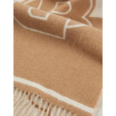 Hugo Boss Womens Medium Beige Branded Fringed-edge Wool-blend Scarf In Medium Beige