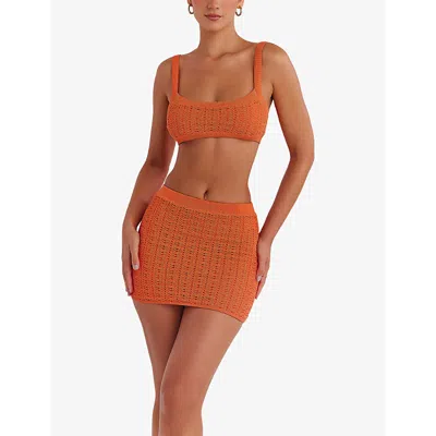 Mistress Rocks Pointelle Knit Miniskirt In Tangerine Dainty