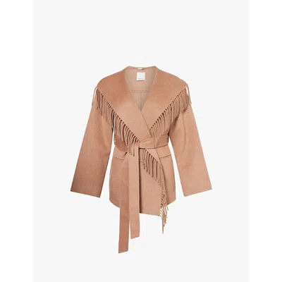 Simkhai Rowen Fringe Belted Wool-blend Jacket In Camel