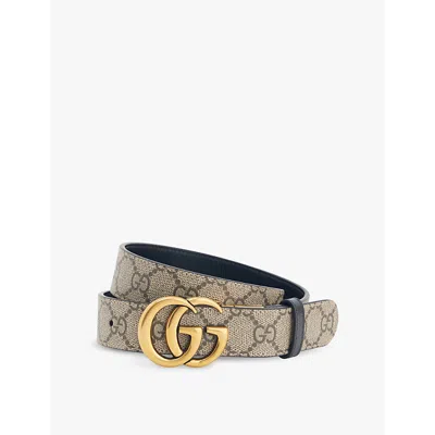 Gucci Womens Beige Monogram-print Brand-plaque Leather Belt In Beige