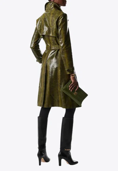 Tom Ford Ayers Snakeskin-print Belted Goat Leather Trench Coat In Olive