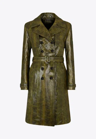 Tom Ford Ayers Snakeskin-print Belted Goat Leather Trench Coat In Olive