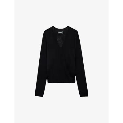 Zadig & Voltaire Womens Noir Rivy Embroidered-wings Cashmere Jumper In Noir