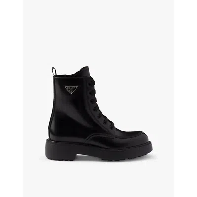 Prada Elegant Leather Ankle Boots With Lace-up Detail In Black