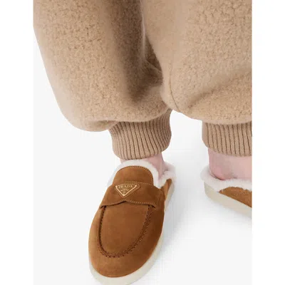 Prada Womens Brown Brand-plaque Suede And Shearling Mules In Brown