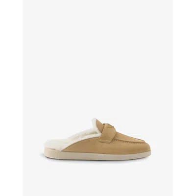 Prada Suede And Shearling Mules In Neutral