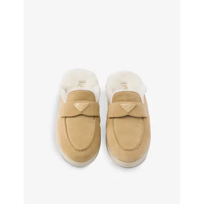 Prada Suede And Shearling Mules In Neutral