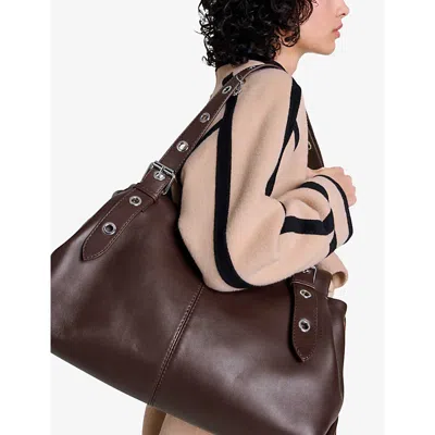 Maje Womens  Miss M Xl Leather Shoulder Bag In Noir / Gris