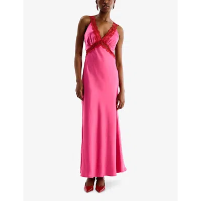 Omnes Womens Cerise Aurelia V-neck Lace-embroidered Recycled-polyester Maxi Dress In Cerise