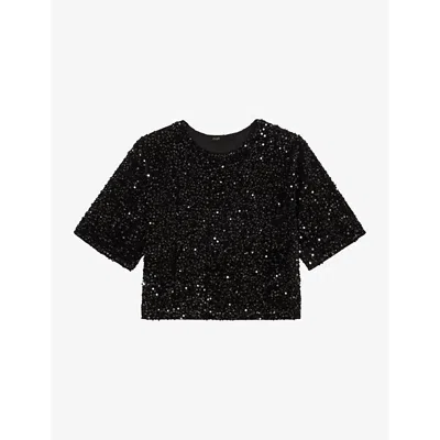 Maje Short-sleeves Sequinned Top In Noir / Gris