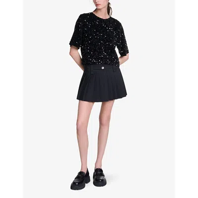 Maje Short-sleeves Sequinned Top In Noir / Gris