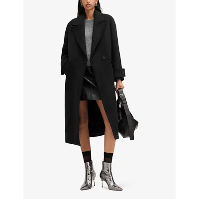 Allsaints Womens Black Mabel Double-breasted Oversized Woven Coat In Black