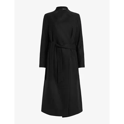 Allsaints Womens Black Riley Wrap-around Belted Wool-blend Coat In Black