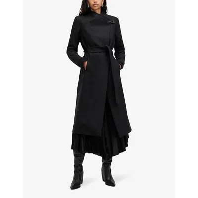 Allsaints Womens Black Riley Wrap-around Belted Wool-blend Coat In Black