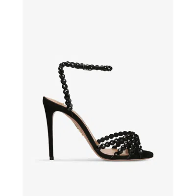 Aquazzura Tequila 85 Embellished Suede Sandals In Black