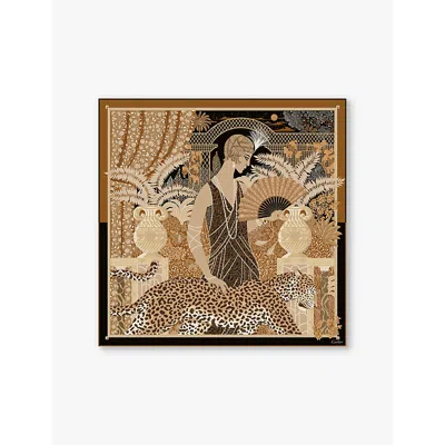 Cartier Womens Beige And Caramel Woman With A Panther Silk-twill Scarf In Beige And Caramel