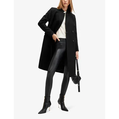 Allsaints Womens Black Sidney Stand-collar Regular-fit Wool And Recycled Cashmere-blend Coat In Black