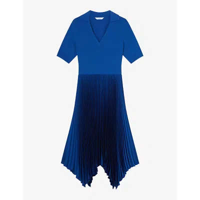 Lk Bennett Womens Blu-navy Ultrablue Lorna Pleated-skirt Short-sleeve Stretch-woven Midi Dress In Blu-navy Ultrablue