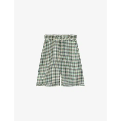 Lk Bennett Daphne Belted Houndstooth Wool Bermuda Shorts In Mul-green/cream