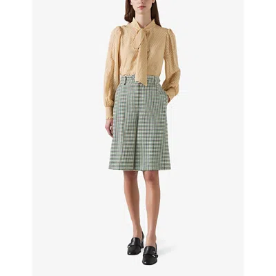 Lk Bennett Daphne Belted Houndstooth Wool Bermuda Shorts In Mul-green/cream
