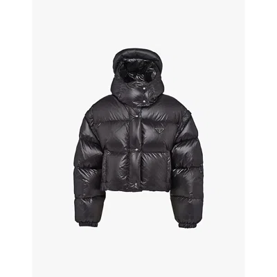 Prada Womens Black Logo-plaque Padded Cropped Shell-down Jacket In Black