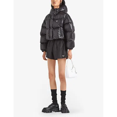 Prada Womens Black Logo-plaque Padded Cropped Shell-down Jacket In Black