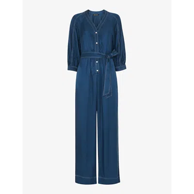 Whistles Mabel Topstitched Belted Jumpsuit In Blue