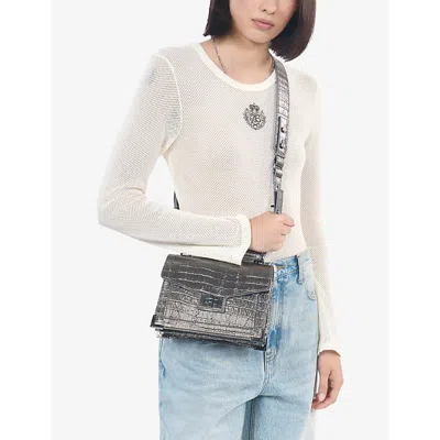 The Kooples Emily Small Embossed Metallic Leather Handbag In Gun Metal Silver