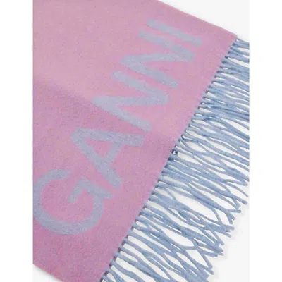 Ganni Womens Lilac Chiffon Logo-pattern Fringed Wool Scarf In Lilac Chiffon