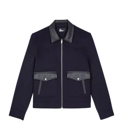 Shop The Kooples Wool-lambskin Bomber Jacket In Navy