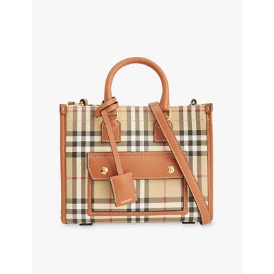 Burberry Womens  Freya Mini Coated-canvas Tote Bag In Vntg Chk/briar Brown