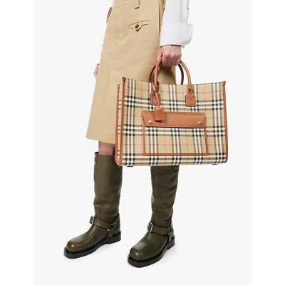 Burberry Womens  Freya Mini Coated-canvas Tote Bag In Vntg Chk/briar Brown