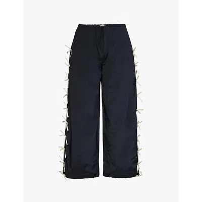 Sandy Liang Womens Navy Poppet Bows-embellishment Wide-leg High-rise Shell Trousers In Navy