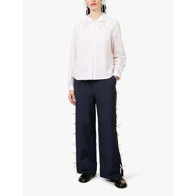 Sandy Liang Womens Navy Poppet Bows-embellishment Wide-leg High-rise Shell Trousers In Navy