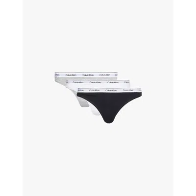 Shop Calvin Klein Womens Modern Logo Low-rise Pack Of Three Stretch-cotton Thongs Black/white/grey Heather Xs