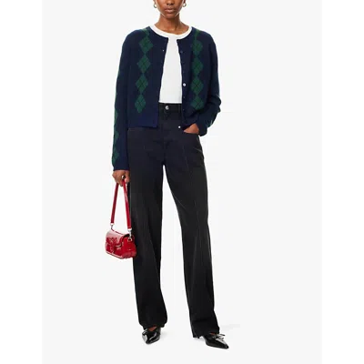 Reformation Womens Navy Multi Argyle Clara Round-neck Cashmere And Wool-blend Cardigan In Navy Multi Argyle