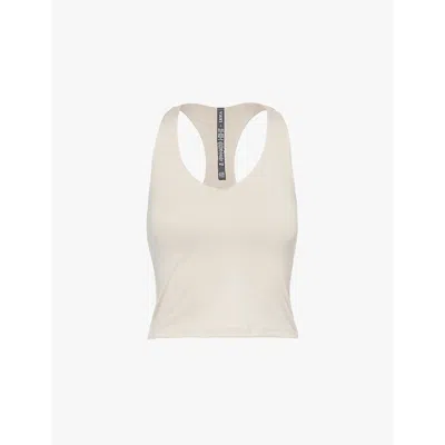 Vuori Womens Ecru Heather Halo Performance Scoop-neck Cropped Stretch-recycled Polyester Top In Ecru Heather