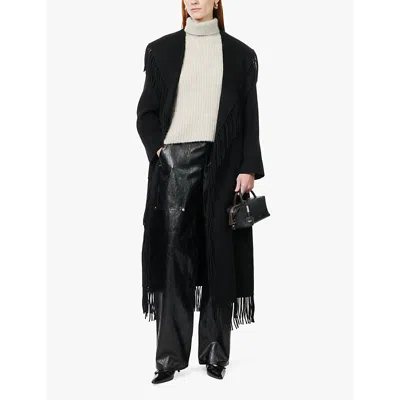 Simkhai Womens Black Carrie Fringe-trim Wool-blend Robe Coat In Black