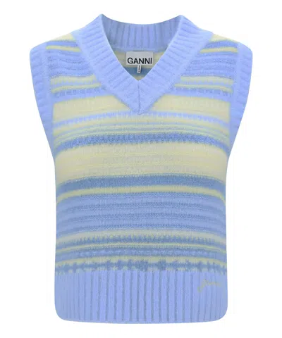 Ganni Multicolor Knit Vest With Stripe Motif In Wool Woman In Lightblue
