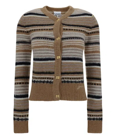 Ganni Striped Soft Alpaca Blend Cardigan In Multicolor