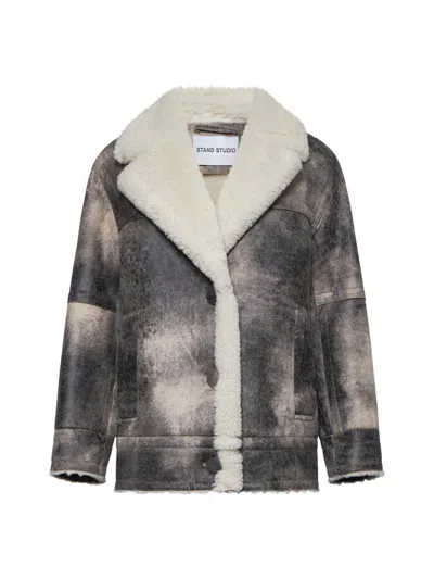 Stand Studio Eco-shearling Jacket In Grey/off White
