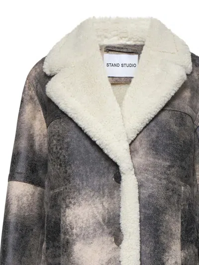 Stand Studio Eco-shearling Jacket In Grey/off White