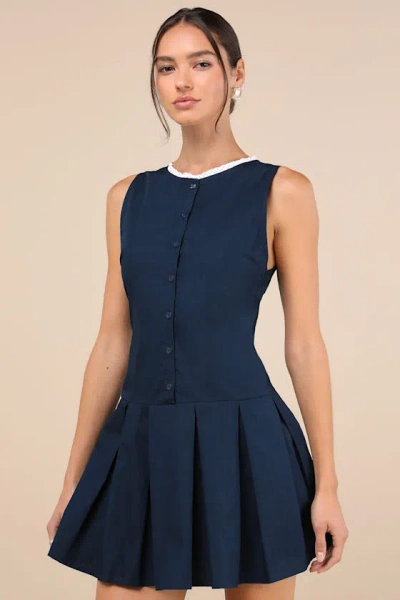 Motel Gitas Navy Blue Cotton Lace Button-up Drop Waist Mini Dress In Navy Blue