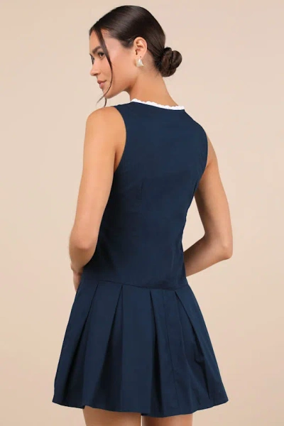Motel Gitas Navy Blue Cotton Lace Button-up Drop Waist Mini Dress In Navy Blue