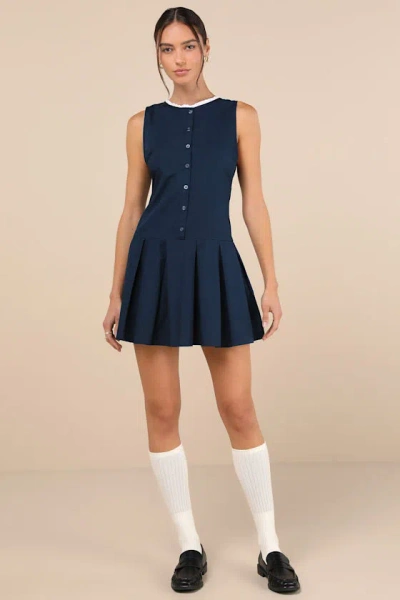 Motel Gitas Navy Blue Cotton Lace Button-up Drop Waist Mini Dress In Navy Blue