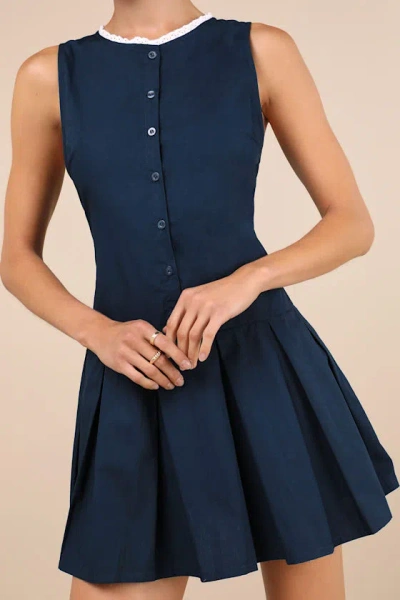 Motel Gitas Navy Blue Cotton Lace Button-up Drop Waist Mini Dress In Navy Blue