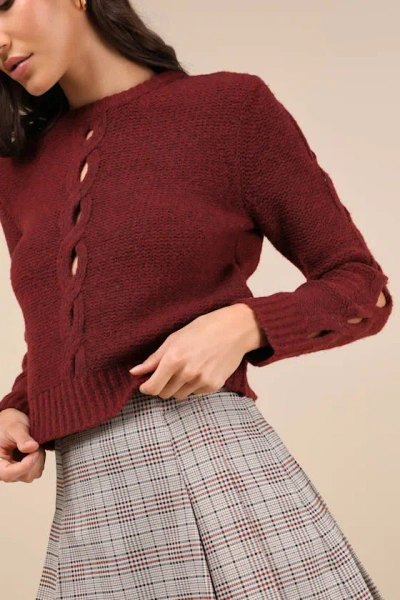 Lulus Cutout For Winter Burgundy Marled Cable Knit Cutout Sweater In Burgundy