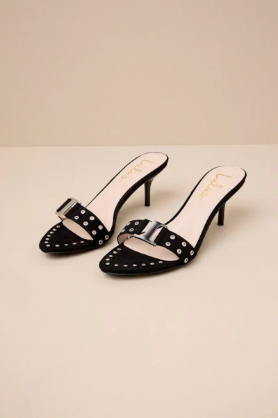 Lulus Caloway Black Suede Studded Buckle High Heel Slide Sandals In Black