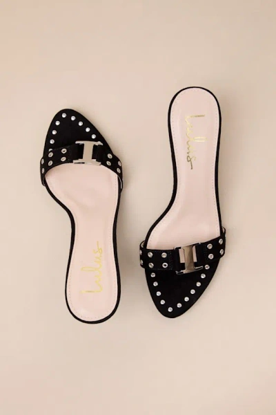 Lulus Caloway Black Suede Studded Buckle High Heel Slide Sandals In Black